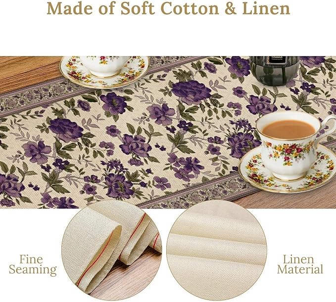 Vintage Floral Table Runner, Elegant Purple Flowers Retro Design Table Runner for Kitchen Dining Holiday Party Decoration, 13x36 Inch