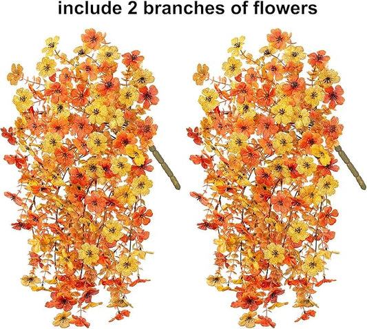 INSPRING Artificial Fall Flowers for Outdoors Decoration, 2Pcs Fake Fall Light Orange & Yellow Hanging Flowers, Faux Autumn Decor for Porch Patio Balcony Planter, Realistic Arrangement