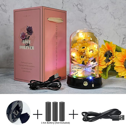 QUELIEN Sunflower Lamp for Nightstand Decor - Glass Dome with Artificial Sunflowers, Warm Light Home Decor for Bedroom/Office, Unique Mother's Day/Xmas/Wedding Gifts for Women