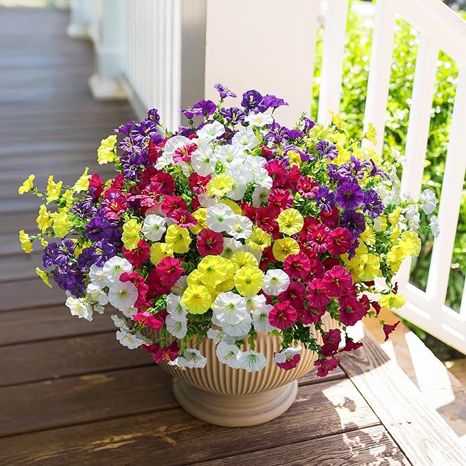 HyeFlora Artificial Flowers for Outdoors Fake Plants Outside Decoration, 12 Bundles Silk Colorful Morning Glory with Eucalyptus UV Resistant Realistic Faux Flowers for Planter Front Door Garden Yard