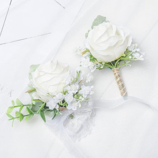Ivory Rose Wrist Corsage and Men Boutonniere Set, Prom Flower Wrist Corsage Bracelets, Homecoming Corsage Wristlet for Wedding Accessories Prom Suit Decorations