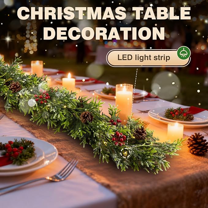 1PC 9FT Artificial Norfolk Pine Garlands, Real Touch Winter Christmas Garland, Green Artificial Greenery Garland for Table, Mantle, Wall, Indoor, Outdoor Christmas Decorations (1, 9FT)