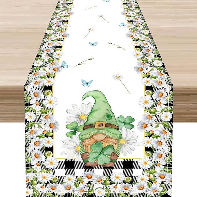 Daisy Gnome Table Runner, Butterfly Truck Buffalo Plaid Yellow Summer Farmhouse Decor for Family Kitchen Farmhouse Holiday Party Table Decorations Indoor Outdoor 13x90 inch