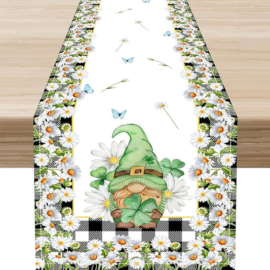 Daisy Gnome Table Runner, Butterfly Truck Buffalo Plaid Yellow Summer Farmhouse Decor for Family Kitchen Farmhouse Holiday Party Table Decorations Indoor Outdoor 13x90 inch