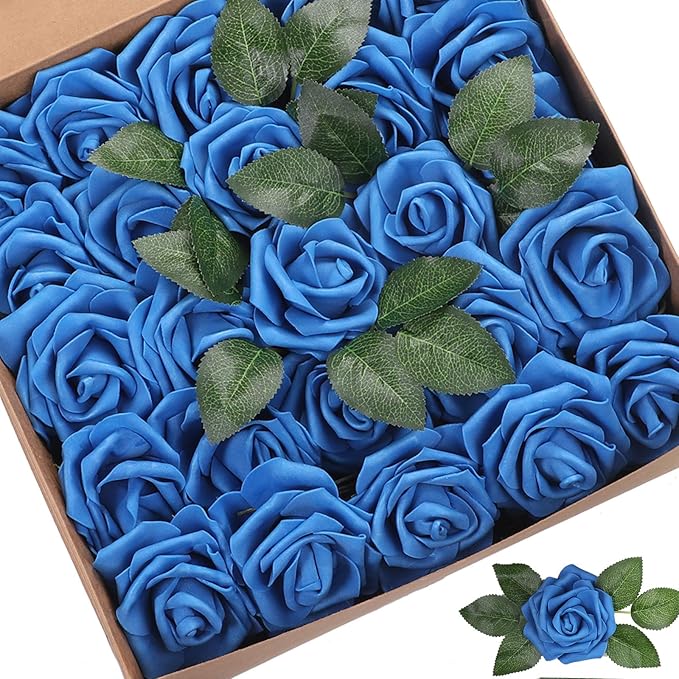 Artificial Flowers Roses 50pcs Blue Roses Wedding Decoration Real Looking Fake Roses w/Stem for DIY Wedding Bouquets Centerpieces Arrangements Party Baby Showers Home Decorations (Royal Blue, 50 pcs)