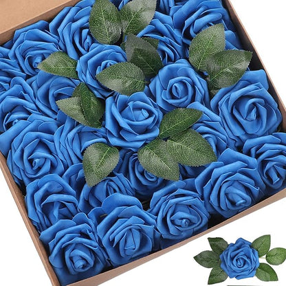 Artificial Flowers Roses 50pcs Blue Roses Wedding Decoration Real Looking Fake Roses w/Stem for DIY Wedding Bouquets Centerpieces Arrangements Party Baby Showers Home Decorations (Royal Blue, 50 pcs)