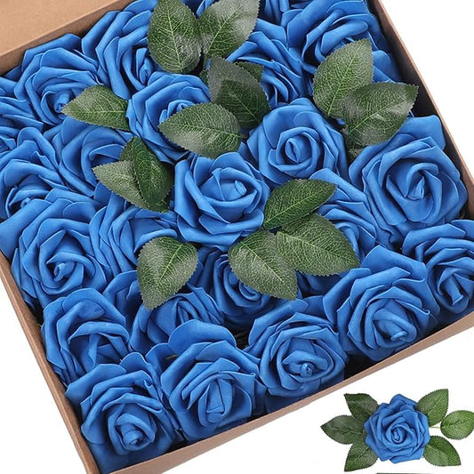 Artificial Flowers Roses 25pcs Blue Roses Wedding Decoration Real Looking Fake Roses w/Stem for DIY Wedding Bouquets Centerpieces Arrangements Party Baby Showers Home Decorations (Royal Blue, 25 pcs)