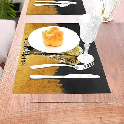 Elephant Placemats Set of 4, Black Gold Table Mats for Dining Table, Heat Resistant Washable Linen Place Mats for Home Party Kitchen Decoration 12"x18"