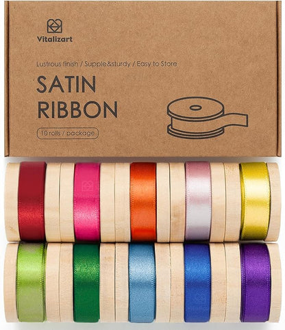 Vitalizart Ribbon for Crafts Satin 3/8 Inch Ribbon for Gift Wrapping Assorted Rainbow Fabric Silk Ribbon for Hair Bouquet Wedding Balloon 30 Yards