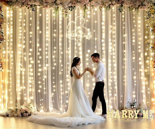 Champagne Tulle Photo Backdrop Curtain with Lights String for Parties Wedding Bridal Shower Sheer Champagne Curtain Backdrop for Birthday Party Baby Shower Photo Booth Photography 20ft x 10ft
