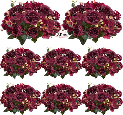 ASTRYAS 8Pcs Artificial Peonies Silk Flowers Fake Peony Bouquet Faux Peonies Flowers Bulk for Decoration Vase Florals Arrangements Wedding Home Party Table - Burgundy Red