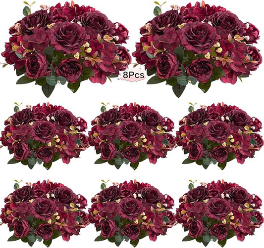 ASTRYAS 8Pcs Artificial Peonies Silk Flowers Fake Peony Bouquet Faux Peonies Flowers Bulk for Decoration Vase Florals Arrangements Wedding Home Party Table - Burgundy Red