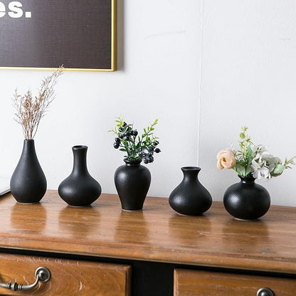 Black Bud Vase Set of 5, Ceramic Small Vases for Modern Decor, Mini Pottery Vases, Boho Decorative Vase for Living Room Fireplace, Centerpiece Table Decorations