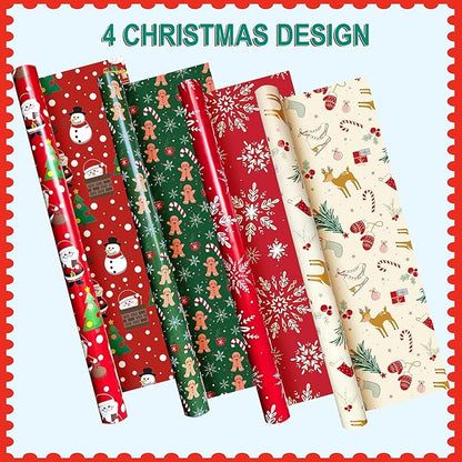 Christmas Wrapping Paper Set of 4 Rolls (148 sq. ft. ttl) With Colorful Holiday Patterns Santa Claus, Reindeer, Christmas Tree, Snowman, snowflakes for Gifts - 30 inches x 14.8 feet Per Roll