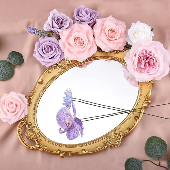 Jspupifip Purple Pink Artificial Flowers Combo Box, Silk Floral Wedding Bouquets Rose with Stem for DIY Wedding Arrangement Bridal Baby Shower Flower Vase Centerpiece Cake Decor