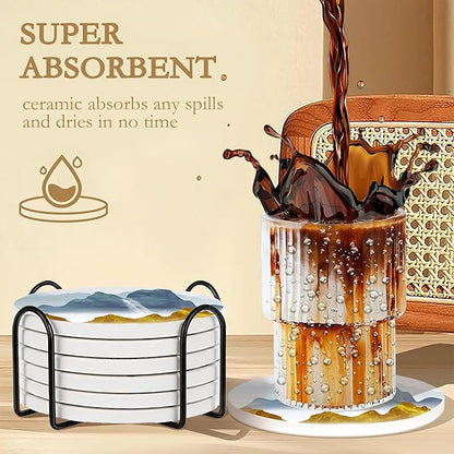 6 Pcs Mountain Landscape Absorbent Ceramic & Cork Base Coasters, Cute Funny Table Drinks Coasters, 4 Inch Round