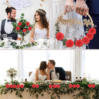 200PCS Red Artificial Flowers Roses Real Looking Foam Fake Roses with Leaves for DIY Wedding Bouquets Bridal Shower Party Decorations (Red, 200)