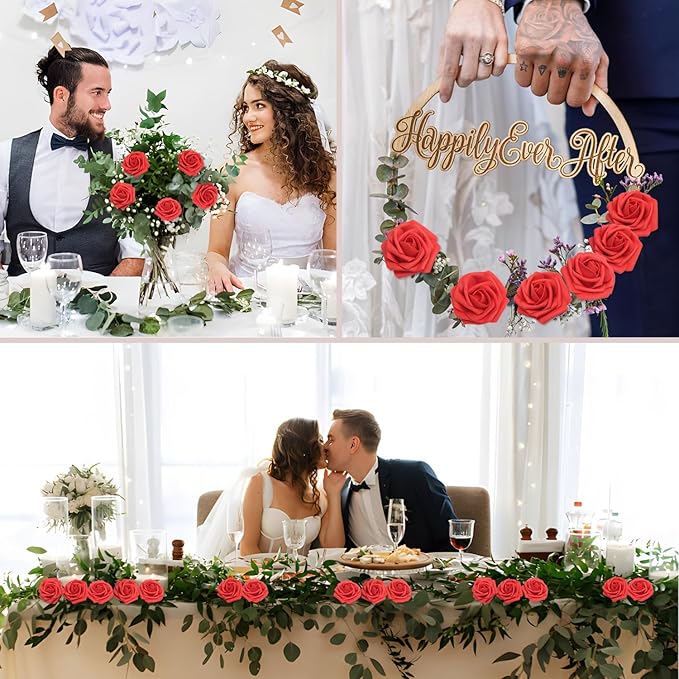 100Pcs Red Artificial Flowers Red Roses Real Looking Foam Fake Roses with Leaves and for DIY Wedding Bouquets Bridal Shower Centerpieces Party Decorations (Red, 100)