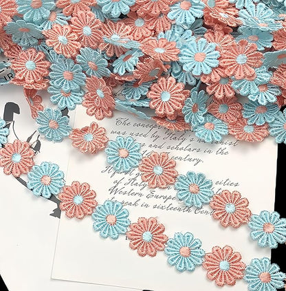 15 Yards Daisy Flower Lace Trim Embroidered Floral Lace Sewing Trim Ribbons for Embellishment Craft Dress Hair Accessories Decorations(Pink/Blue)