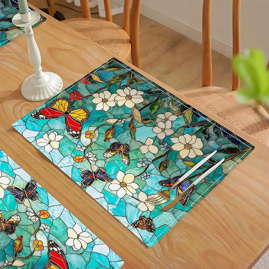 Butterfly Teal Placemats Set of 6, Colorful Stained Glass Place Mats, Rustic Flowers Dining Table Mats, Washable Placemats for Kitchen Dining Room Home Decor 18L'' × 12W''
