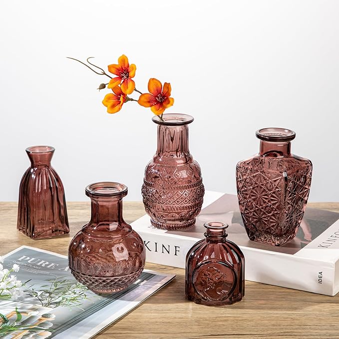 Glass Bud Vases Set of 20, Small Flower Vase in Bulk for Centerpieces, Mini Vintage Wine Red Vases for Rustic Wedding Vintage Home Table Decor