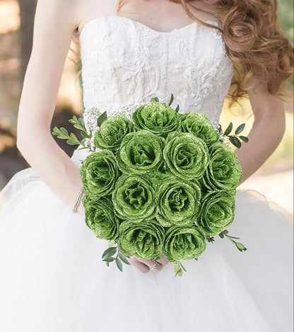 Artificial Roses,30PCS Green Glitter Flowers Faux Roses with Stems for Wedding Bouquet Party Christmas Home Decor(Green)