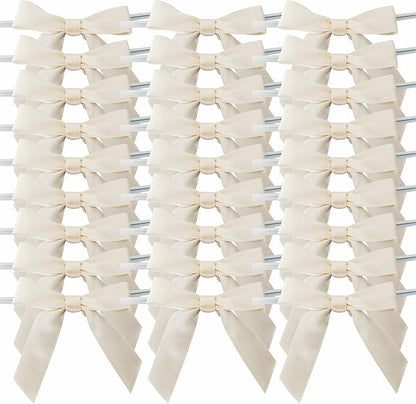 50pcs 2-1/2" Mini Satin Ribbon Bows with Twist Ties for Crafts Gift Wrapping Packing Christmas Decoration (2.5"-Ivory)