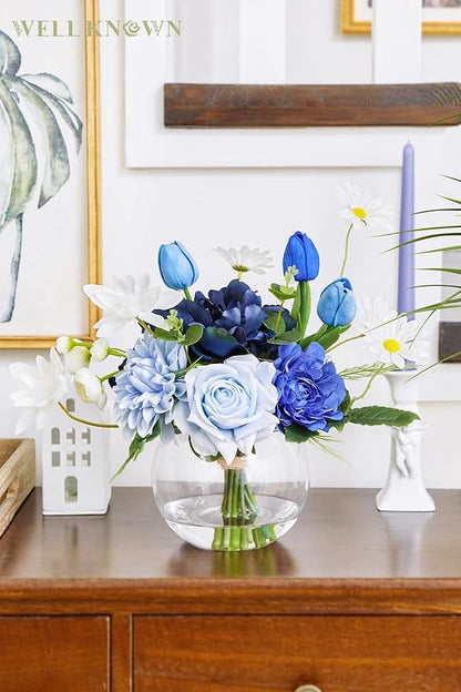 WELL KNOWN Artificial Flowers with Vase Silk Flower Arrangements in Round Bowl Vase with Faux Water for Home Table Decoration (Mixed Blue)