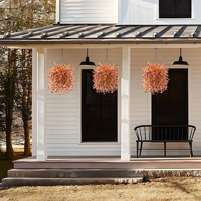 Artificial Faux Mums Fall Flowers for Outdoor Autumn Decoration,2 PCS Fake Silk Daisy Flowers Plant Eucalyptus Leaves Realistic UV Resistant for Front Porch Patio Balcony Yard Home Decor(Orange Brown)