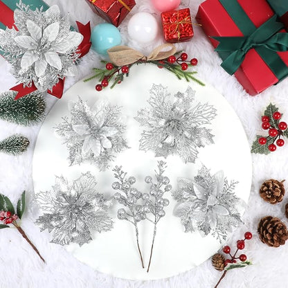 Sawowkuya 22 Pcs Silver Christmas Poinsettia Artificial Flowers and Glitter Berries Stems Kit, Christmas Poinsettias Decorations and Christmas Tree Ornaments for Xmas Home Wedding Holiday Tree Decor