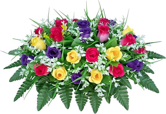 Artificial Cemetery Flowers Saddle-Shaped Tombstone Decorations Non-Fading UV-Resistant（Yellow+Purple+Brilliant Red Saddle）