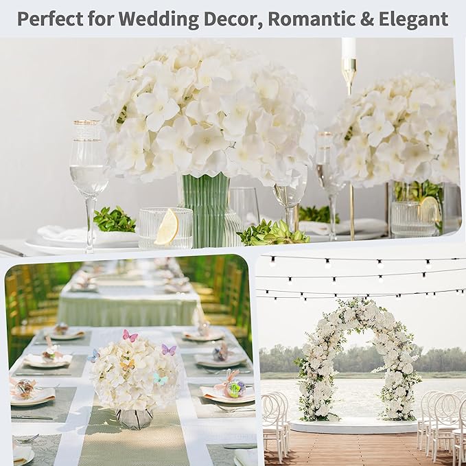 64PCS Artificial Hydrangea Flowers with Stems, Silk Hydrangea Heads with LED Decorative Lights, Crystal Strings & Butterfly Accents for Wedding Centerpieces and Home Decor(64, Champagne)