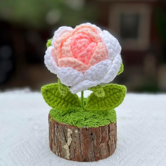 Hand Crochet Knitted Potted Rose Bouquet Creative Knitted Potted Plant mini Cute Home Desktop Decorations and Gifts for Friends, Lovers, classmates (Pink Roses 02)