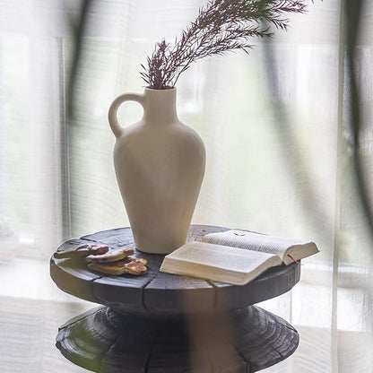 BlossoME Antique Ceramic White Vase for Home Decor, Stoneware Jug for Room Centerpiece, Rustic, Farmhouse and Vintage Pottery Gifts, Matte, with Handle-Height 10”