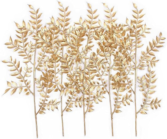 PASYOU Fake Leaves Plants for Christmas Decor, Gold Artificial Shrubs Grass Foliage Plastic Bulk Leaf Indoor Outdoor Home Garden Party Hotel Verandah Wedding Event Faux DIY Decoration - Golden 5 Pack