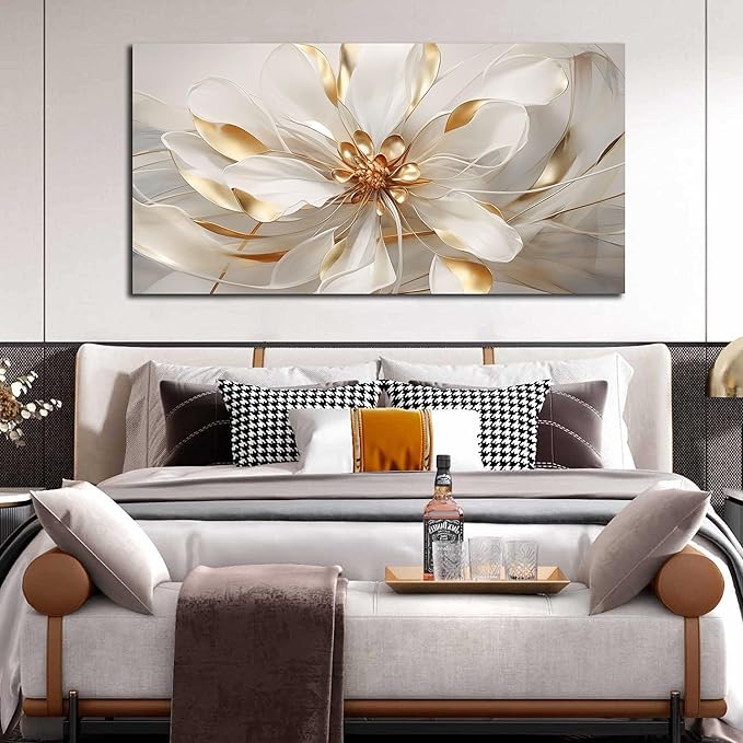 Flower Canvas Wall Art for Living Room Large Size White Wall Decor for Bedroom Girls Gold Wall Art for Office 29 x 58 Inches
