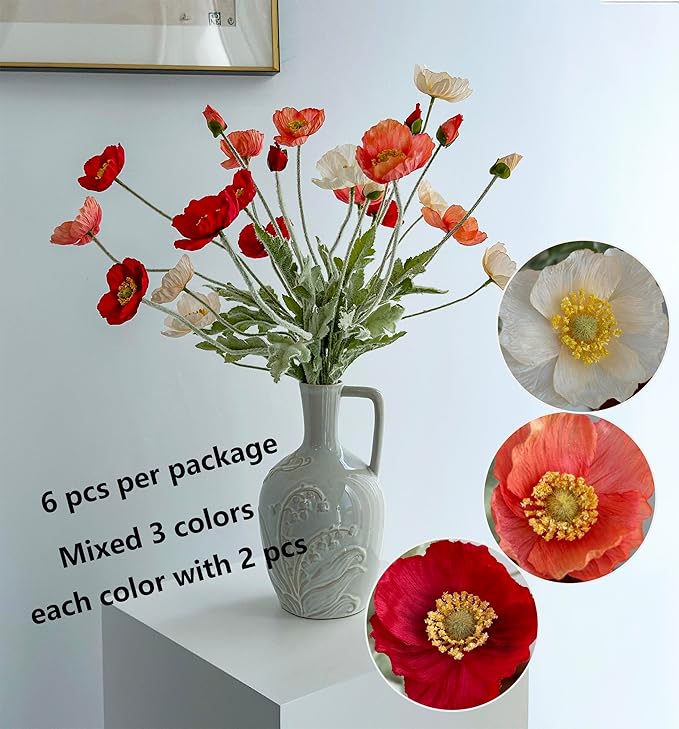 Set of 6 Red Coral Pink and Champagne Mixed Poppy Flowers Artificial, Silk Flowers with Stems for Vase for Wedding Party Home Office Indoor Kitchen Dining Table Centerpiece Decoration