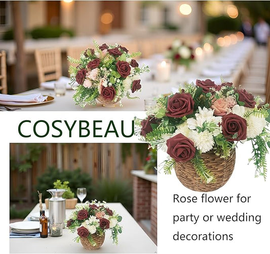 Artificial Flowers 25pcs Fake Roses, Burgundy Foam Rose Faux Flower for DIY Wedding Bouquets Bridal Shower Centerpieces Floral Arrangements Home Decorations Party Backdrops Table