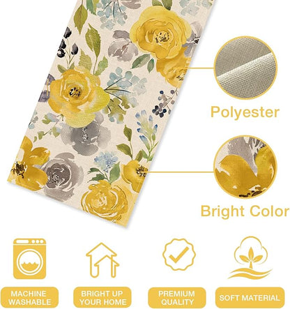 Seliem Spring Yellow Floral Flowers Table Runner, Rose Peony Watercolor Kitchen Dining Table Decor, Seasonal Summer Burlap Home Decoration Indoor Outdoor Party Supply 13 x 72 Inches
