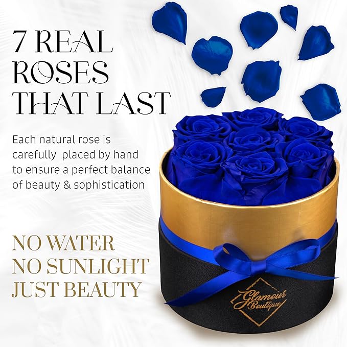 GLAMOUR BOUTIQUE Eternal Preserved Roses in a Box - Flowers Forever, Rose Forever in a Box for Wife, Birthday Gifts for Her, 7 Roses, Blue
