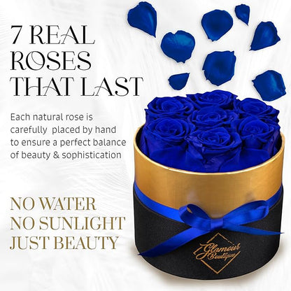 GLAMOUR BOUTIQUE Eternal Preserved Roses in a Box - Flowers Forever, Rose Forever in a Box for Wife, Birthday Gifts for Her, 7 Roses, Blue
