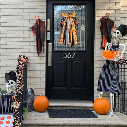 Large Halloween Ribbon Bow for Wreath, Orange Spider Web Fabric Ribbons Set Assorted Ribbons Black White Stripe Plaid Clip-On Wreath Sash Ribbon Bundle for Halloween Home Indoor Outdoor Decor