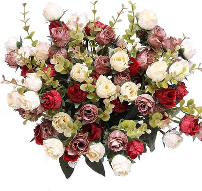 Flojery 21 Heads Silk Rose Bouquet Artificial Flowers Mini Rose for DIY Wedding Bouquets Centerpieces Bridal Shower Party Home Decorations,Pack of 4 （Red）