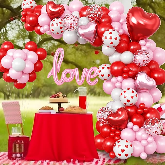 Valentines Day Balloon Arch Garland Kit, Red Pink White Heart Shaped Confetti Latex Balloon with Love Heart Foil Balloons for Happy Valentine Galentines Wedding Anniversary Birthday Party Decorations