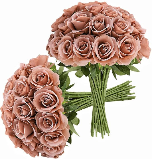 30pcs Roses Artificial Flowers Dusty Rose Fake Flowers with Long Stems Silk Flowers for Wedding Bouquet Centerpices Decorations Party Bridal Baby Shower Home Decor