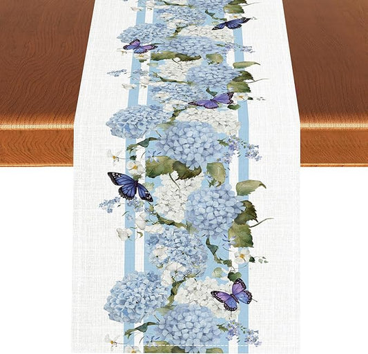 Blue Floral Table Runner, Spring Summer Watercolor Hydrangea Flower Butterfly Country Farmhouse Coffee Table Center Decor for Home Kitchen Dining Patio Holiday Party Table Decorations 13x108 inches