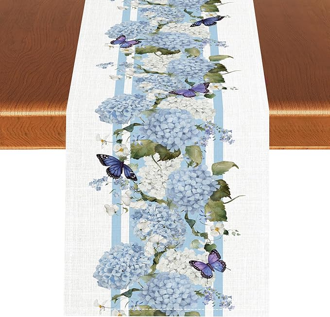 Blue Floral Table Runner, Spring Summer Watercolor Hydrangea Flower Butterfly Country Farmhouse Coffee Table Center Decor for Home Kitchen Dining Patio Holiday Party Table Decorations 13x90 inches