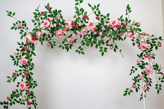 6FT Bendable Flower Garland, Artificial Rose Vine Hanging Floral Garland Decoration for Weding Home Room Wall Decor (Pink, 2pcs)