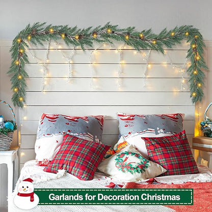 Artgar Christmas Cedar Garland, 6 Ft Realistic Pine Garland, Prelit Christmas Garland with 30 Warm Lights with 8 Light Modes for Mantels Stair Table Indoor Outdoor Winter Xmas Decor (White-Green)