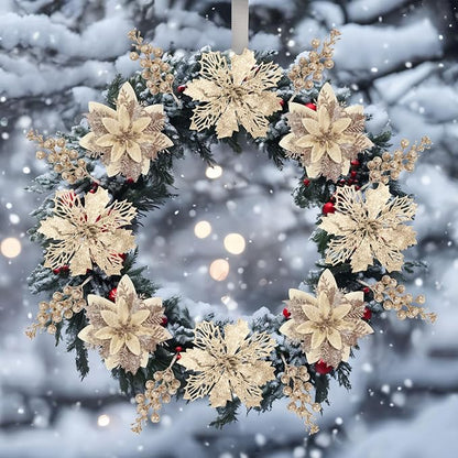 22 Pcs Champagne Christmas Poinsettia Artificial Flowers and Glitter Berries Stems Kit, Christmas Poinsettias Decorations and Christmas Tree Ornaments for Xmas Home Wedding Holiday Tree Decor